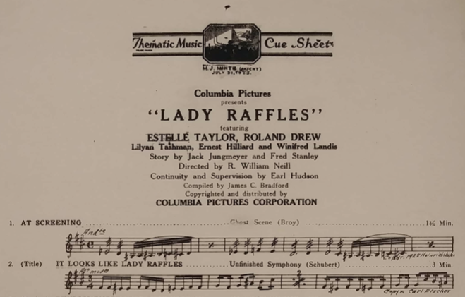 Cue sheet for "Lady Raffles"