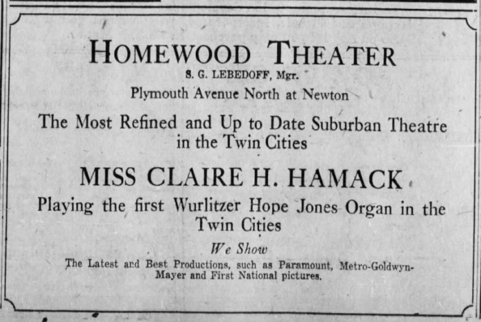 Newspaper advertisement for Claire Hamack, organist, at the Homewood Theater