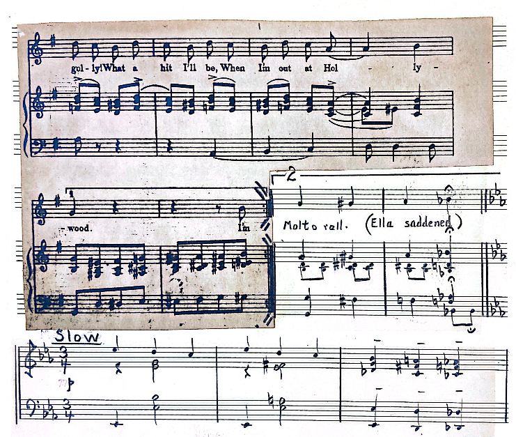 Printed music glued to a page of staff paper is given a different ending in manuscript.